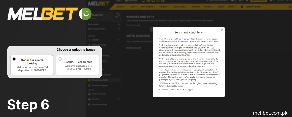 Learn the rules for receiving bonuses for sports and casinos, step 6