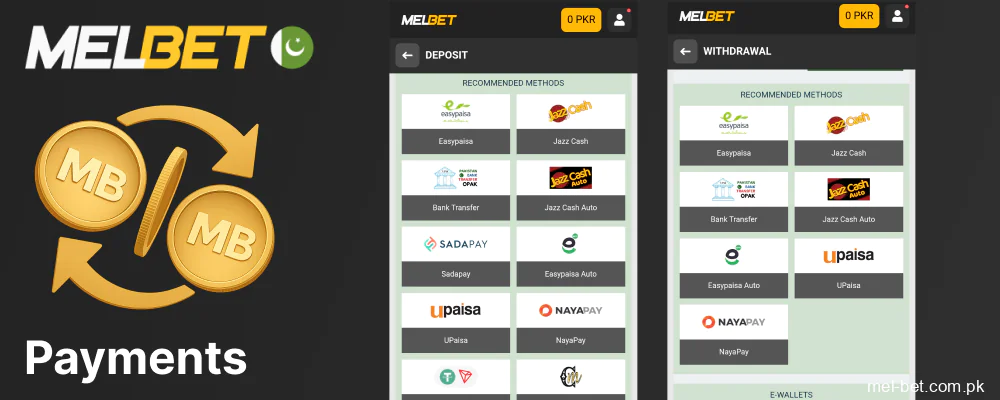 Deposit and withdrawal methods in Melbet app